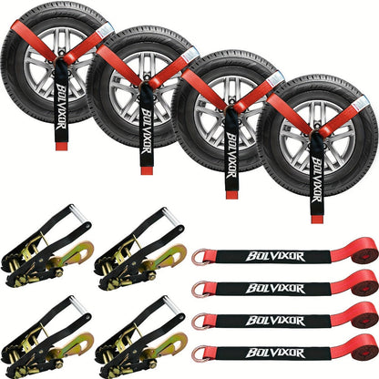 Wheel Straps Ratchet Tie Down 4-Pack 9, 900 lb Break Strength 2"x96" with Snap Hooks Anti-Slip Design – Heavy Duty UTV ATV SUV Truck Car