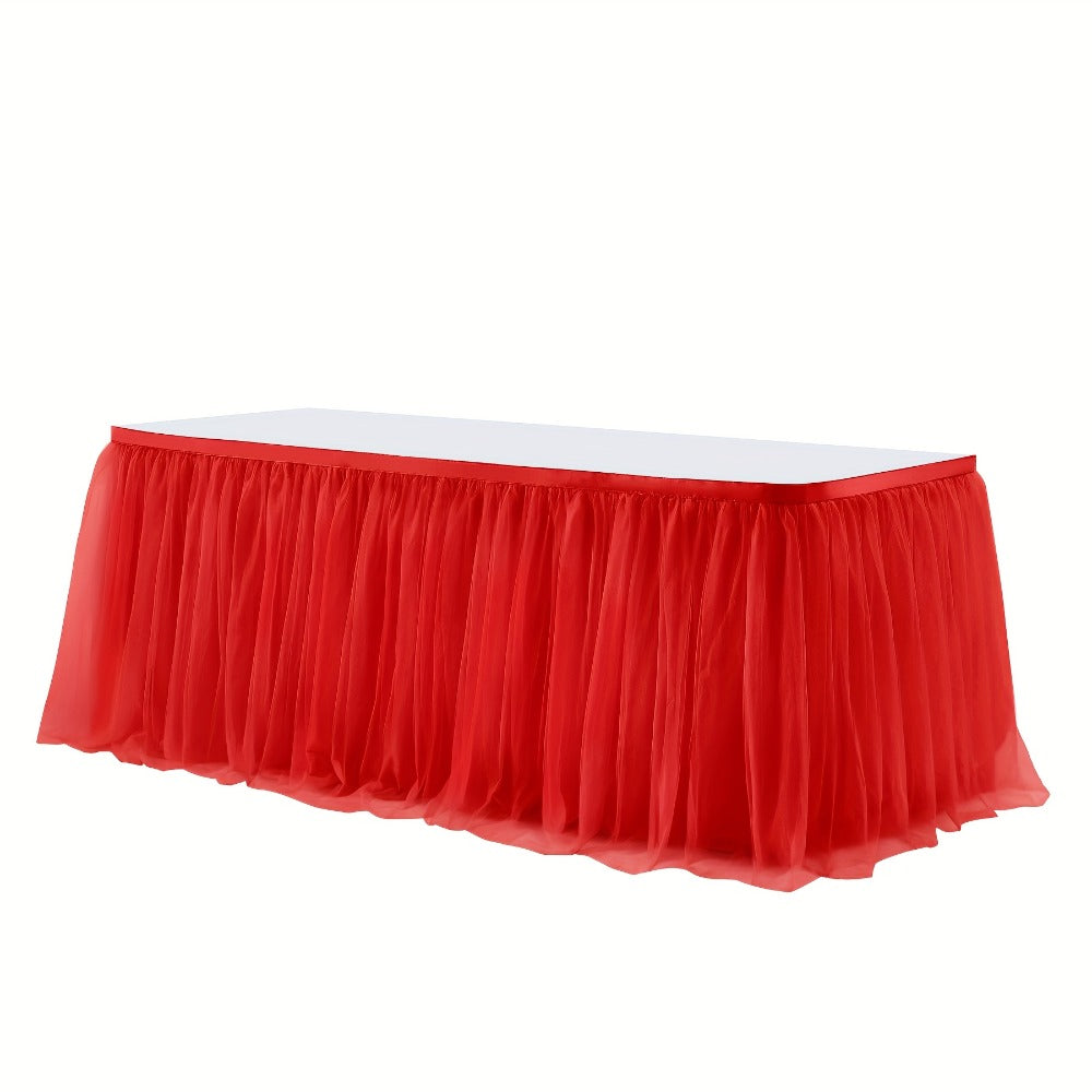 Six-Foot Gathered Tulle Table Skirt with Ten Solid or Multicolor Options for Parties and Events