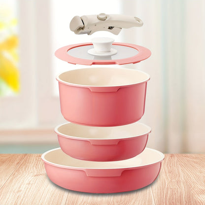 Cookware Set IKTU 5-Piece Detachable-Handle Aluminum Pots and Pans in White, Pink, Beige or Coral Pink