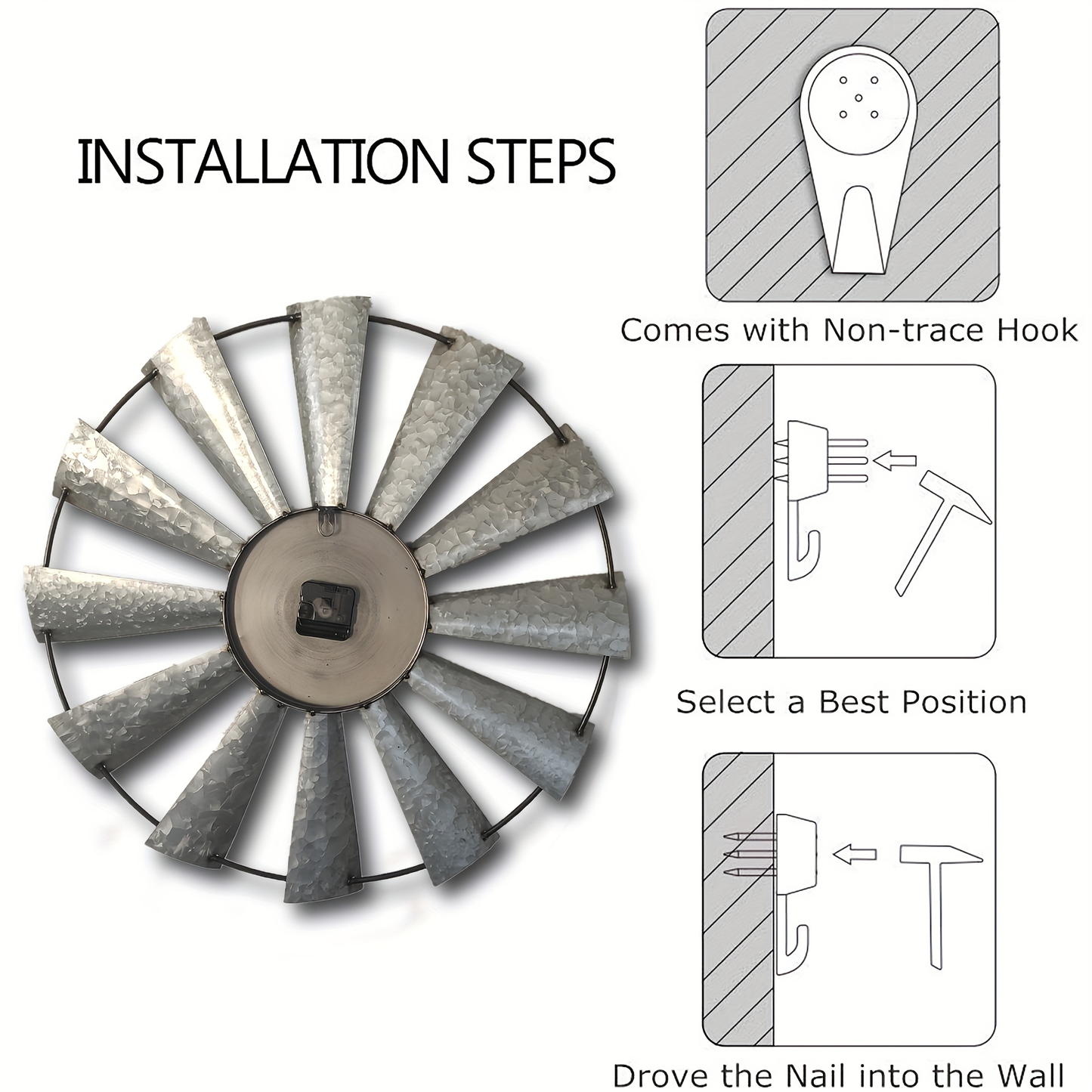 24-Inch Windmill-Style Metal Wall Clock with Galvanized-Look Silver Blades and Brown Analog Center