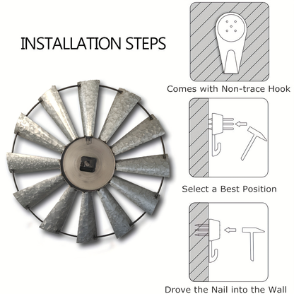 24-Inch Windmill-Style Metal Wall Clock with Galvanized-Look Silver Blades and Brown Analog Center
