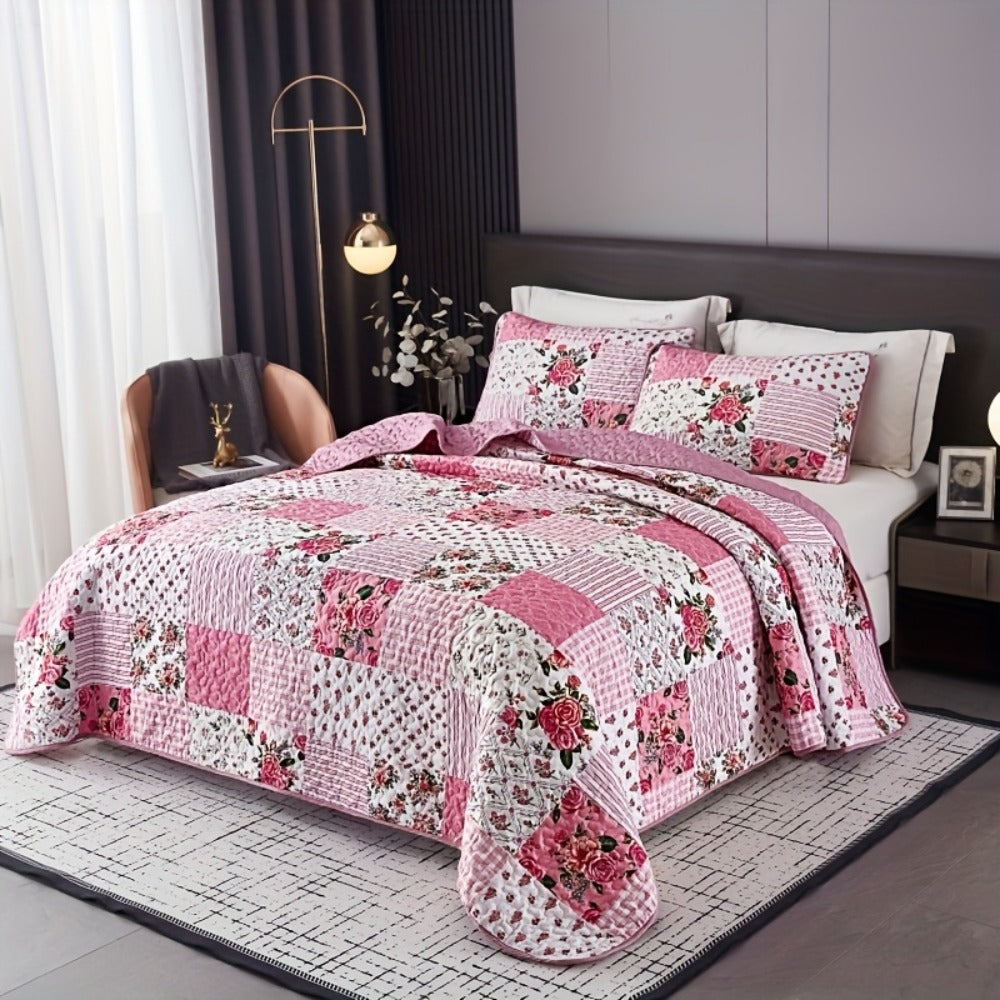 Bright Pink Floral Patchwork Three-Piece Bedspread Set with Twin, Full-Queen and King Size Options