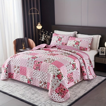 Bright Pink Floral Patchwork Three-Piece Bedspread Set with Twin, Full-Queen and King Size Options