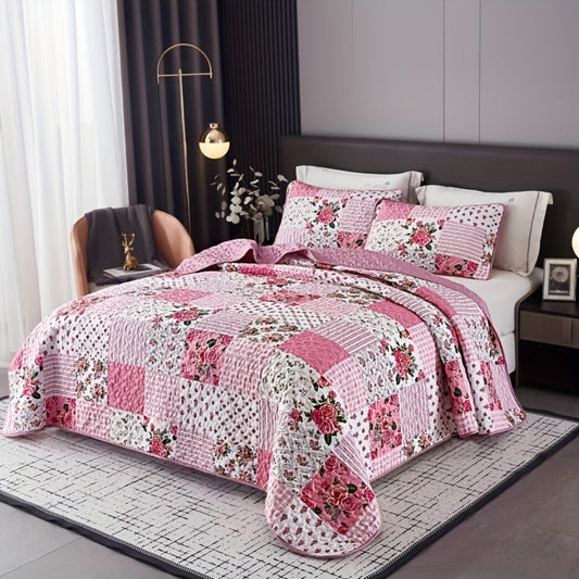 Bright Pink Floral Patchwork Three-Piece Bedspread Set with Twin, Full-Queen and King Size Options