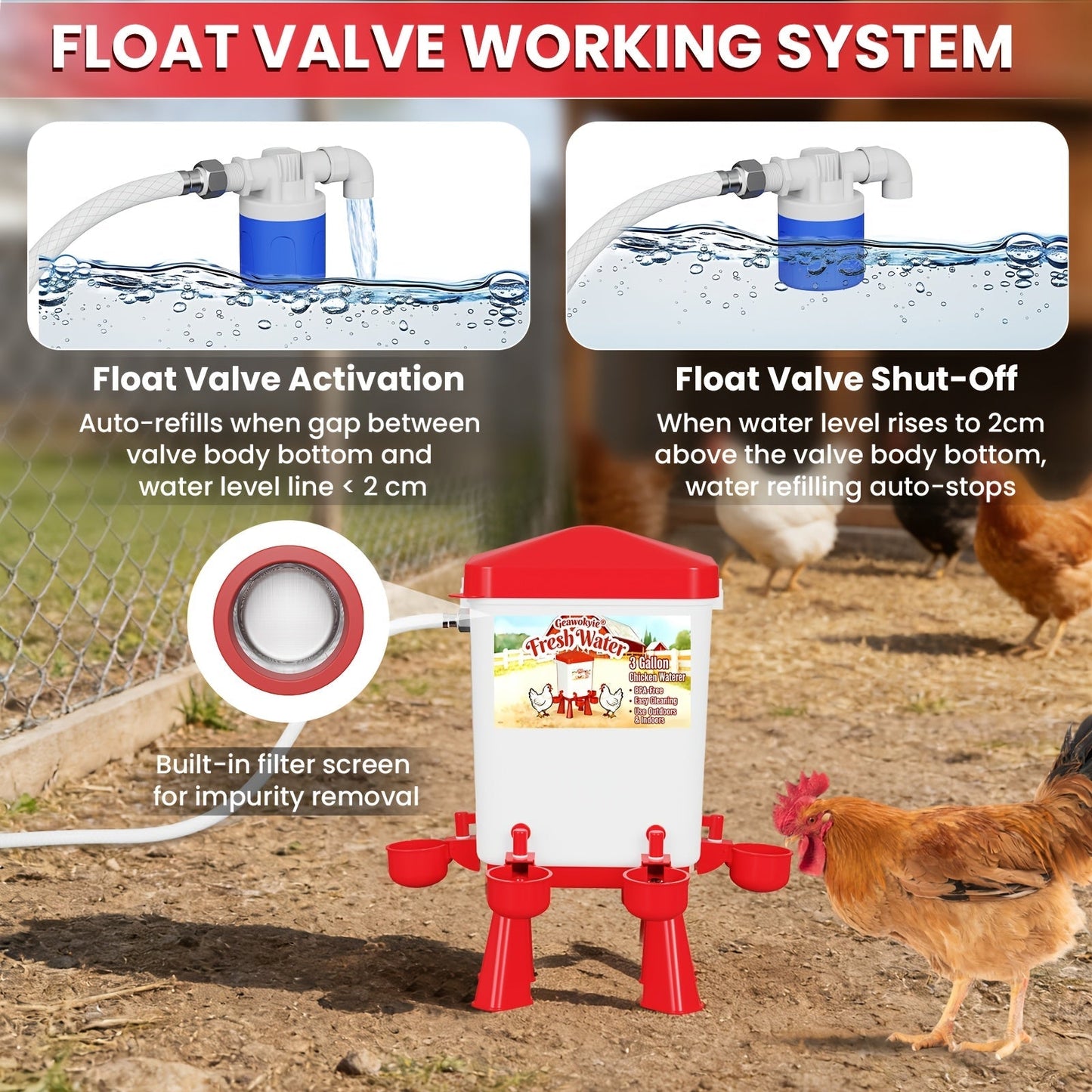Chicken Waterer, Float Valve Hose Connect Continuous Auto Chick Duck for Garden, Patio and Yard Use