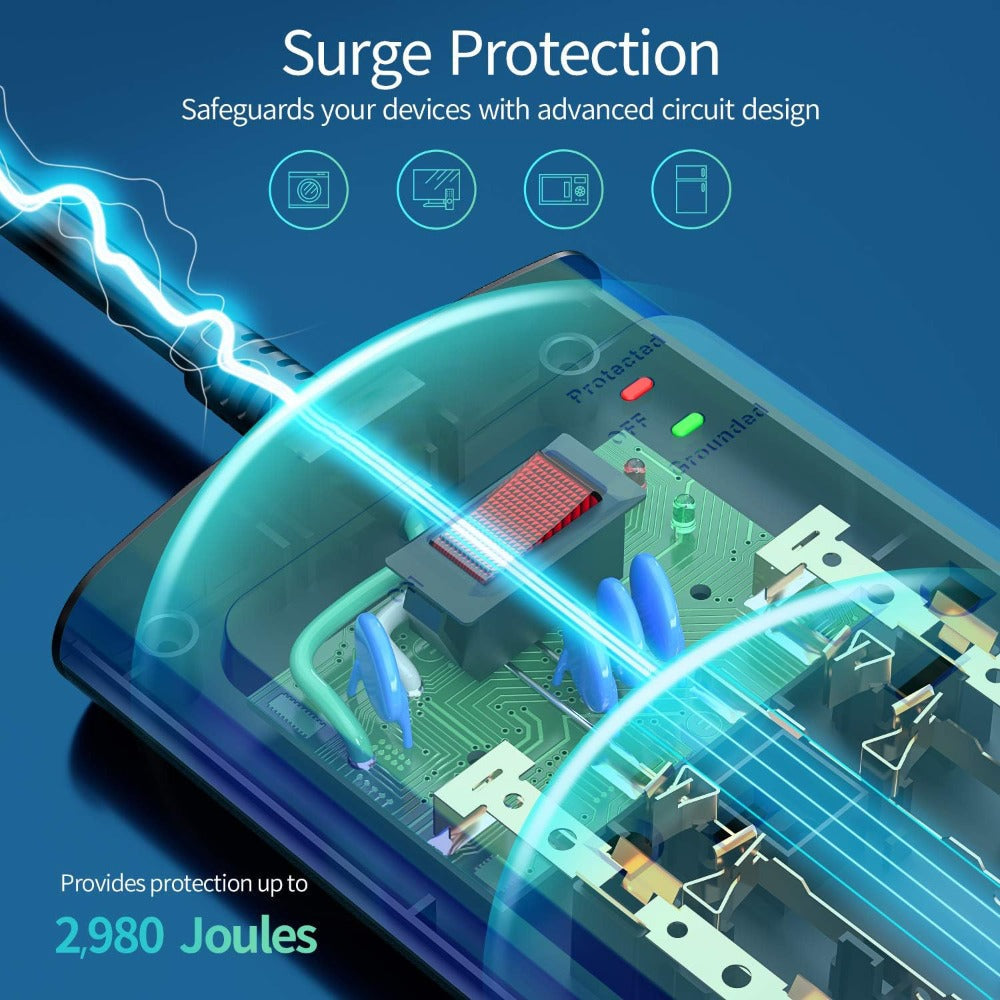 Surge Protector Power Strip 16-in-1 ANRMESUN with 12 AC Outlets, 3 USB-A, 1 USB-C, 2980J Marking and 5 ft Cord