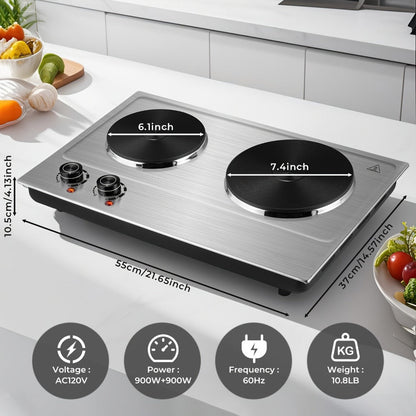 Hot Plate Electric Burner with Temperature Control, Dual Size Coil Burners 7.4in & 6.1in, Countertop Electric Stove for Daily Cooking