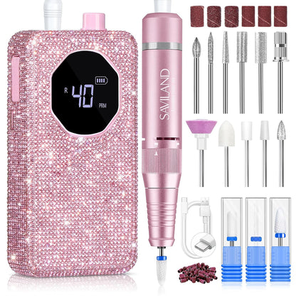 Electric Nail Drill 40000 RPM Rechargeable Professional Nail Drill Machine 4000mAh Battery LCD Display Ceramic Bits Sanding Bands