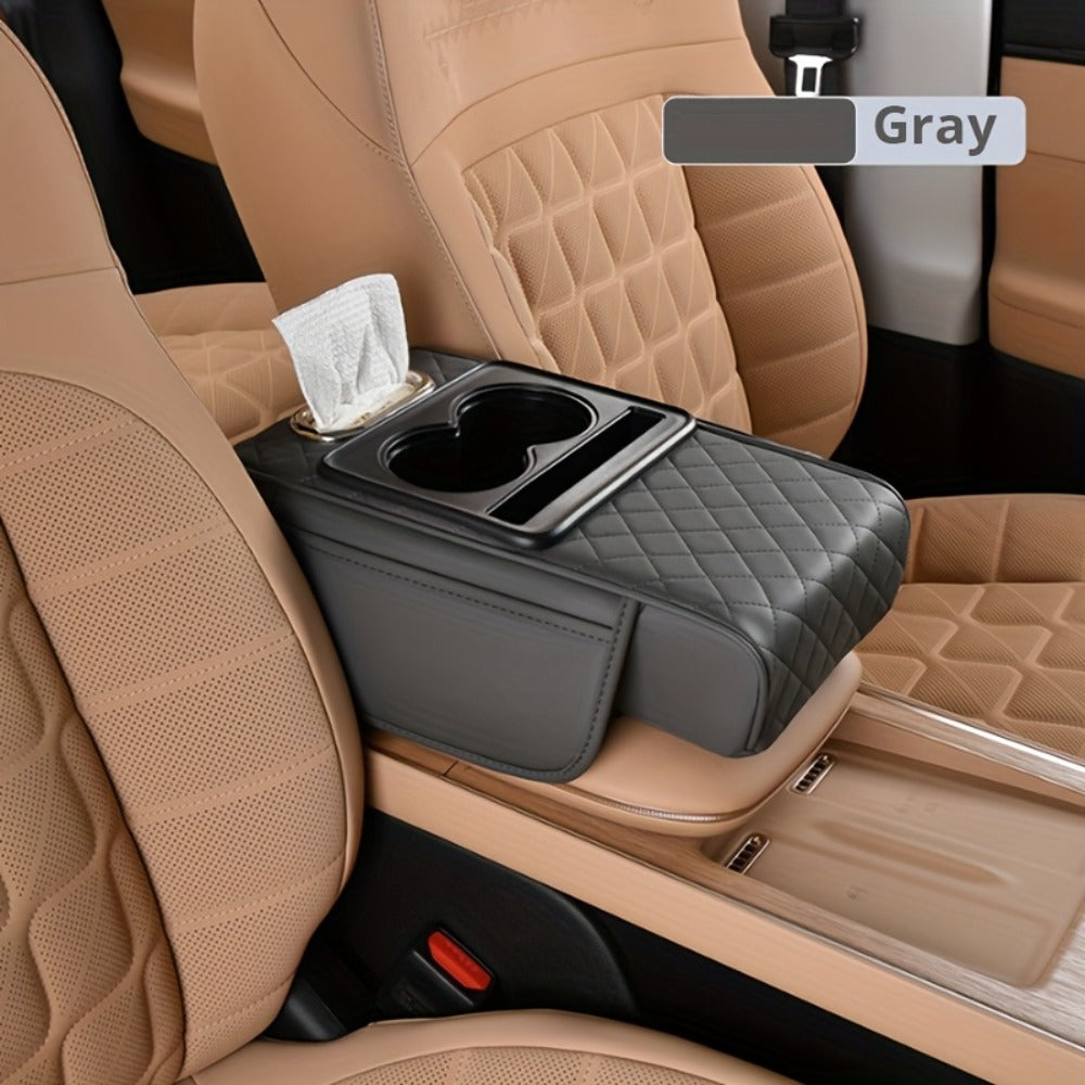 Car Center Console Cover PU Leather – Universal Armrest Box Mat with 2 Cup Holders & 2 Side Pockets, Phone & Card Storage