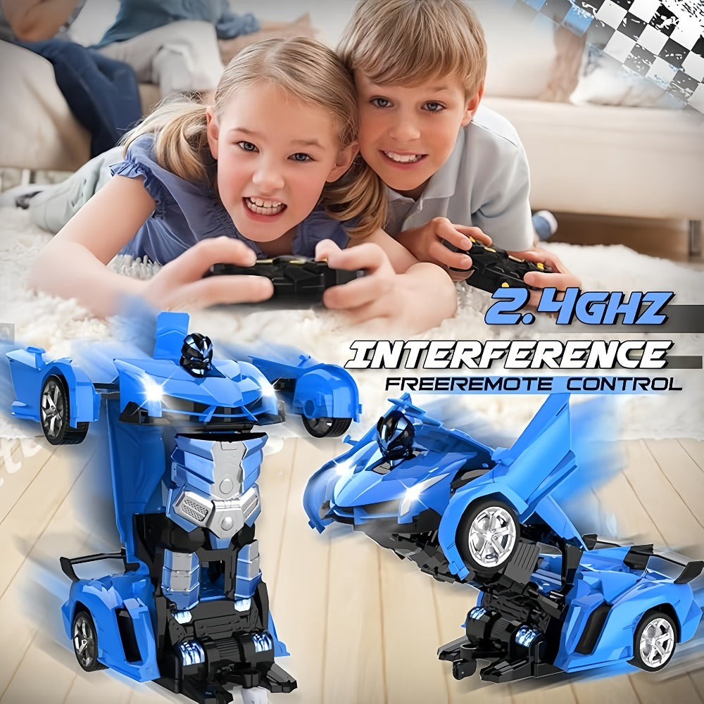 Remote Control Car, 1:18 Transforming Robot Model with One-Button Change, LED Lights, 360° Drift and Four Colors