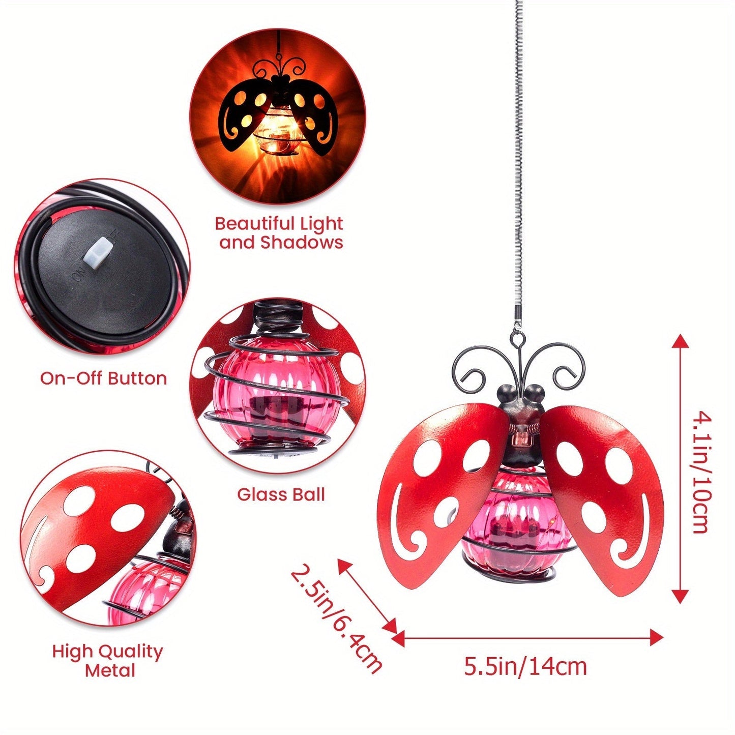 Solar Hanging Ornament Lights Ladybug & Butterfly, Indoor Outdoor Decorative Garden Light with Spring Clips for Patio