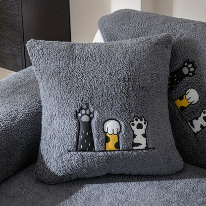 Sofa Cover, Sherpa Plush Cat-Paw Embroidered Seat Pad with Backing Detail in Four Colors and Seven Sizes