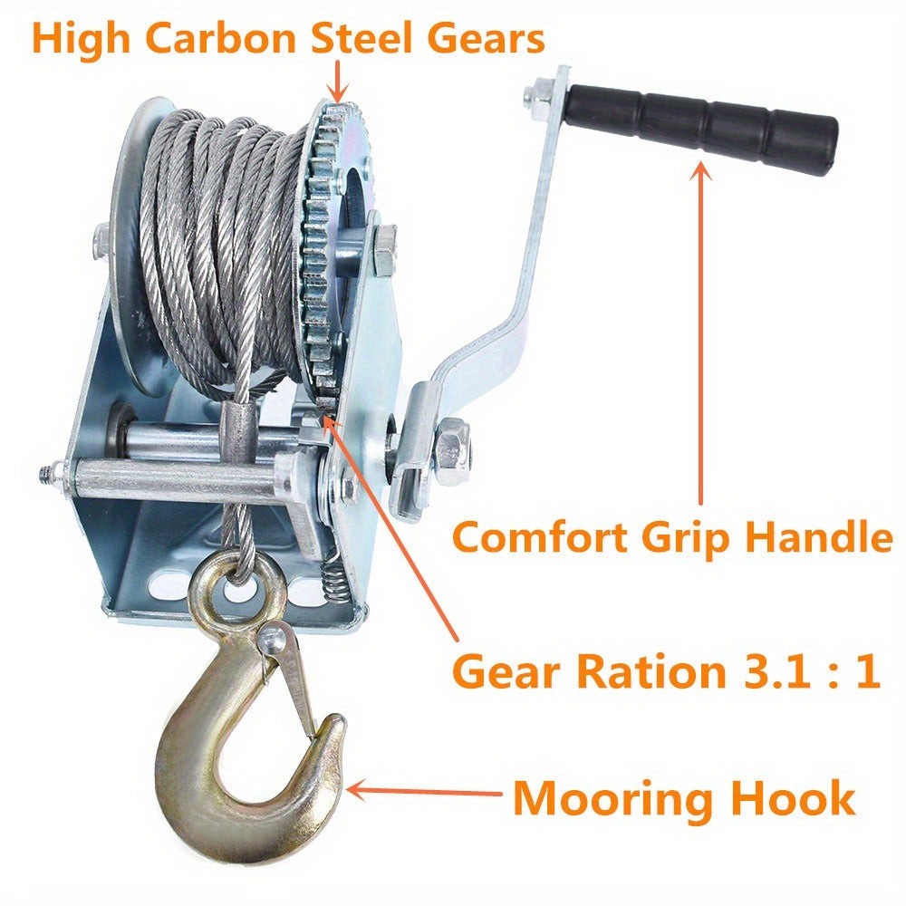 Manual Hand Winch Carbon Steel 800- - Double Brake Safety System, Strap Winch with Mooring Hook & Safety Pawl