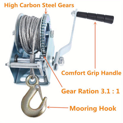 Manual Hand Winch Carbon Steel 800- - Double Brake Safety System, Strap Winch with Mooring Hook & Safety Pawl