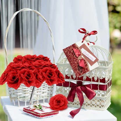 Artificial Rose Heads with Stems, 50-Piece Silk-Labeled Set in Champagne, Silver, Pink, Wine Red, Blue or Orange