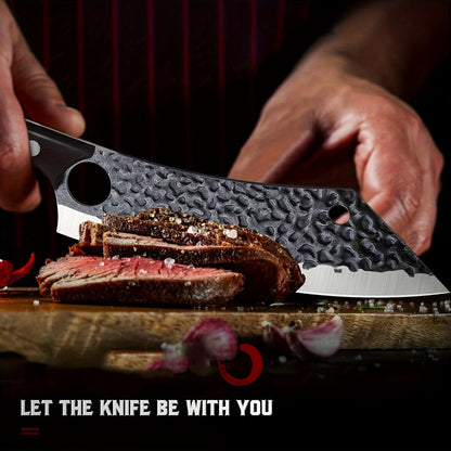 Wide 8-Inch Cleaver-Style Kitchen Knife with Finger Hole, Hammered-Look Blade and Wood-Tone Handle