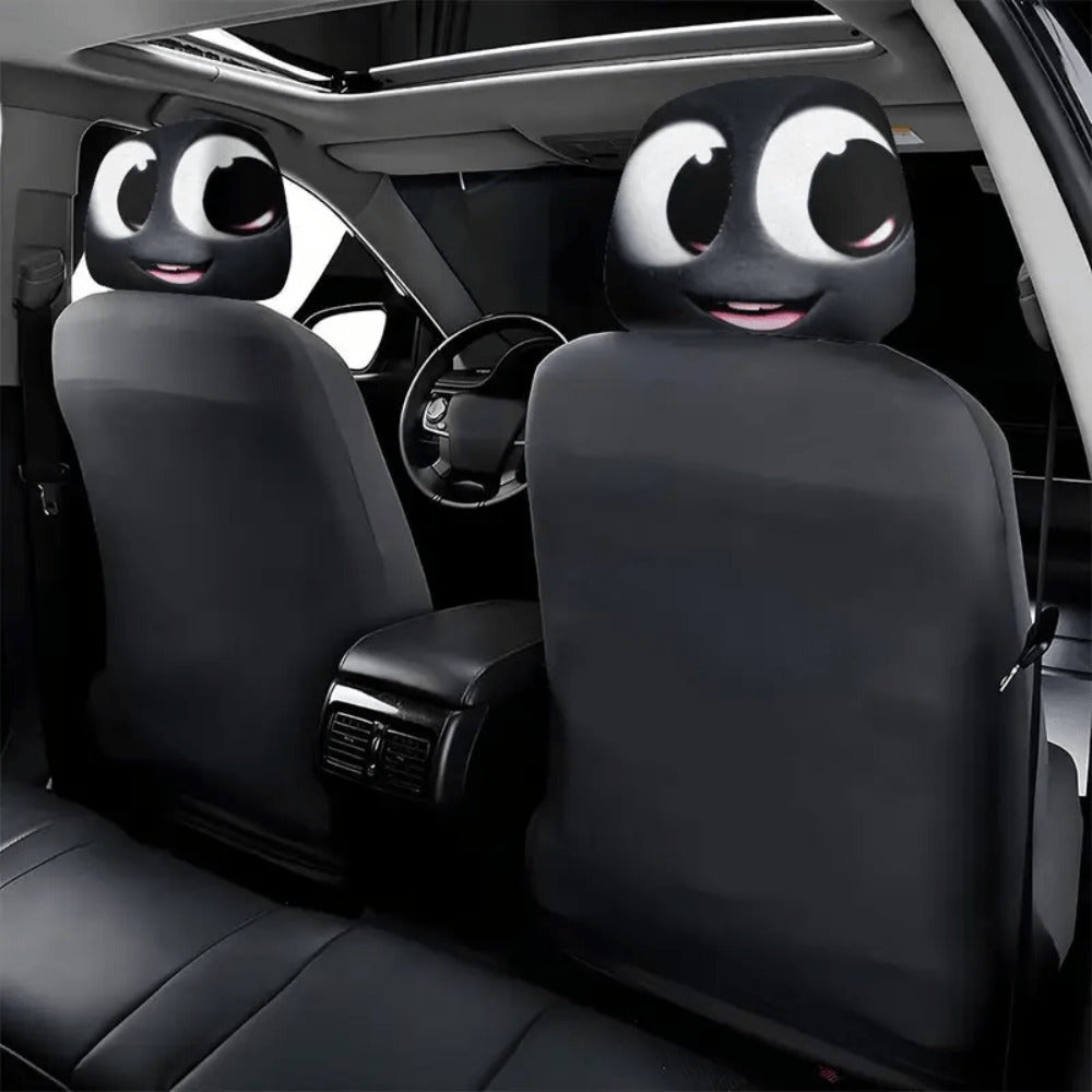 Car Seat Covers 2-Piece Black-and-White Cartoon Face Print for Front Seats with Slip-On Design
