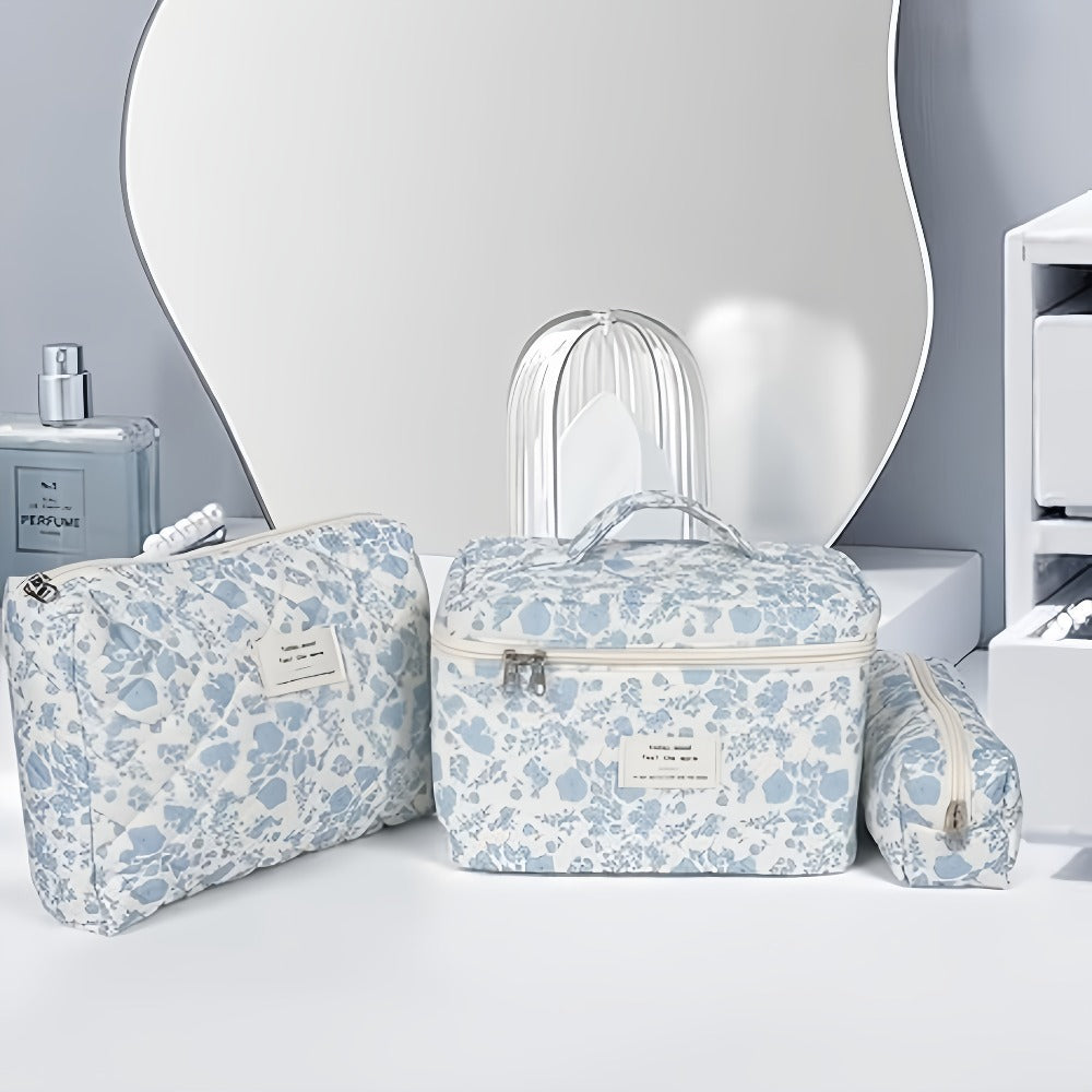 Quilted Makeup Bag Set 3 Pcs Floral Pattern Large Capacity Travel Cosmetic Organizer with Gold Zipper – Polyester Skincare Toiletry Pouch