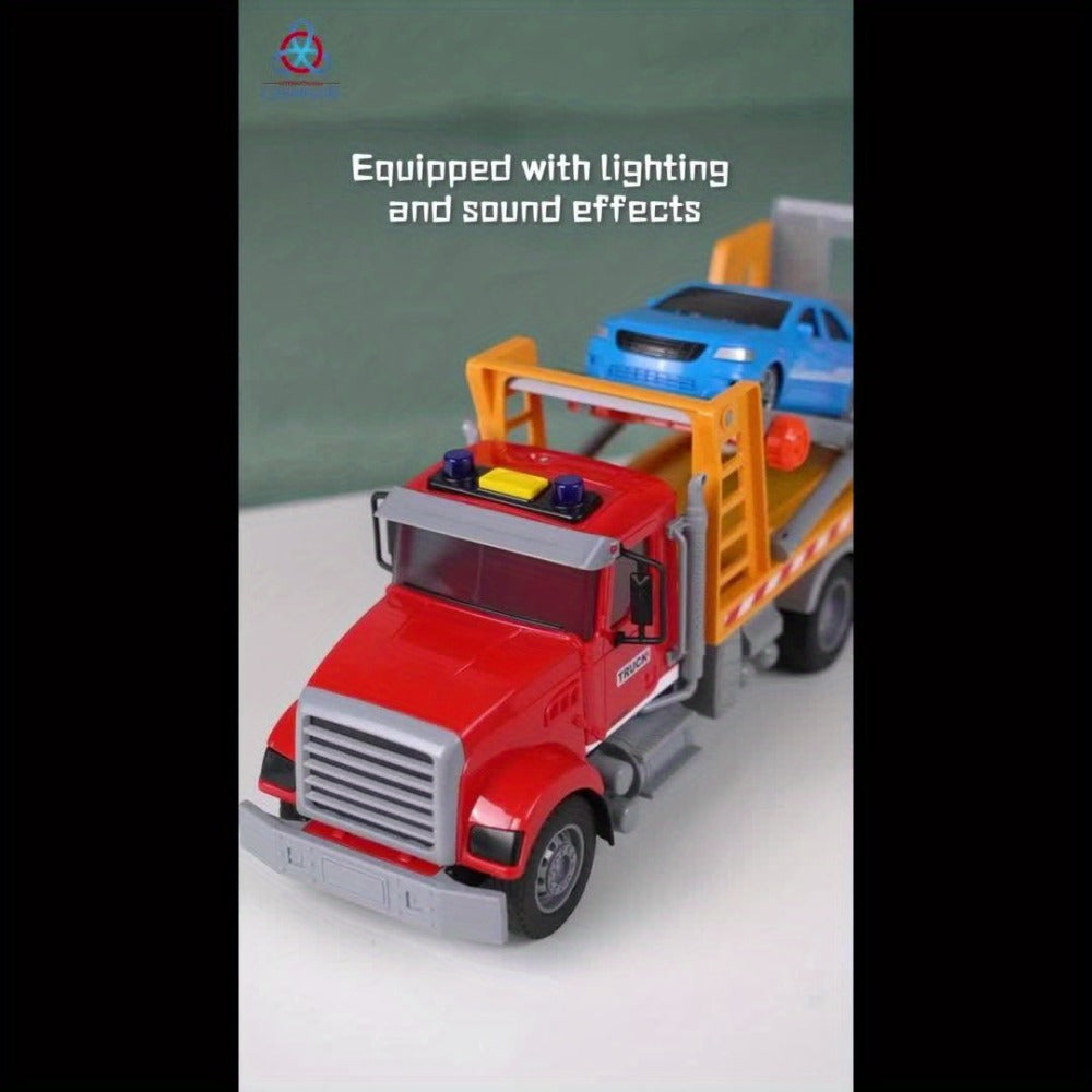 13-Inch Tow Truck Toy with Lights & Sounds, Friction Powered Transport Crane Truck for Boys Ages 3 4 5 6