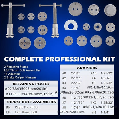 Brake Caliper Wind Back Tool Kit 26-Piece – Brake Caliper Compression Tool Set with 18 Disc Adapters, Thrust Bolt Assemblies