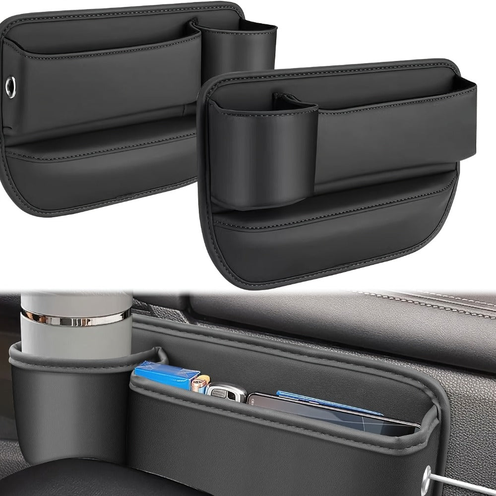 Car Seat Gap Organizer with Cup Holder – Adjustable PU Leather Side Seat Storage Box for Phone, Keys, Glasses & Cards | Multi-Functional Car