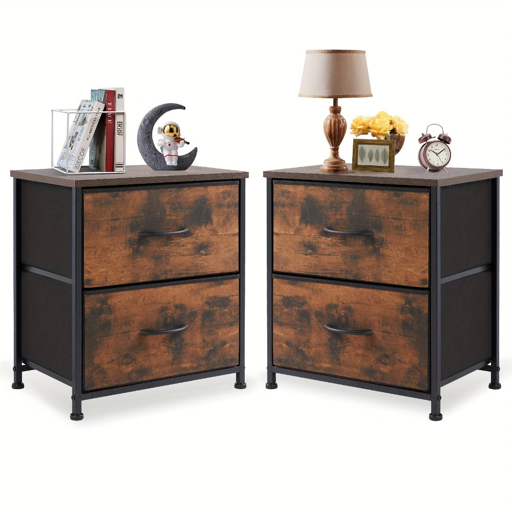 Nightstand with 2 Storage Drawers, 20" Bedside Table with Wooden Top & Fabric Cabinet, Steel Frame Mini Dresser for Bedroom