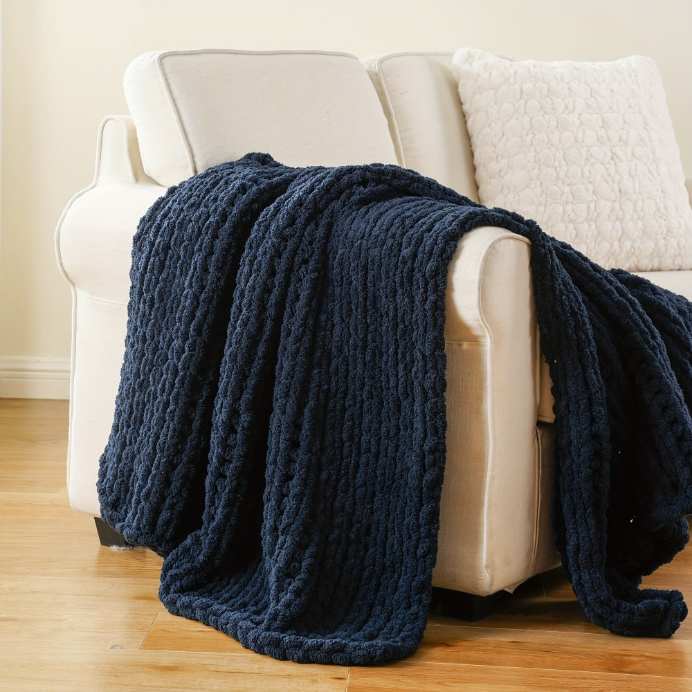 Chunky Chenille Cable Knit Throw Blanket, 350-400gsm Crochet Throw for Sofa, Bed & Couch, Vintage Patchwork