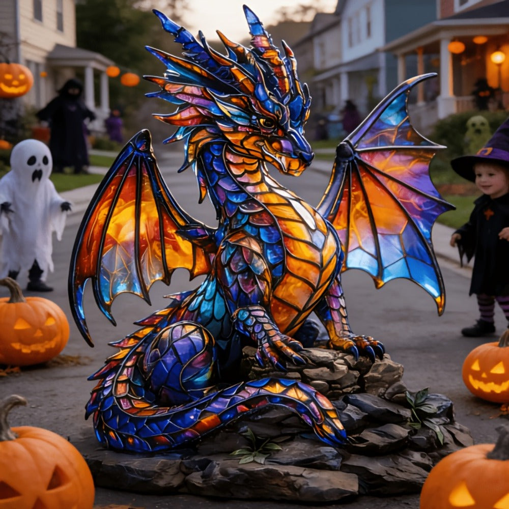 Dragon Sculpture with Light – Faux Stained Glass Resin Statue, Bohemian Accent Lamp, Fantasy Home Decor Figurine