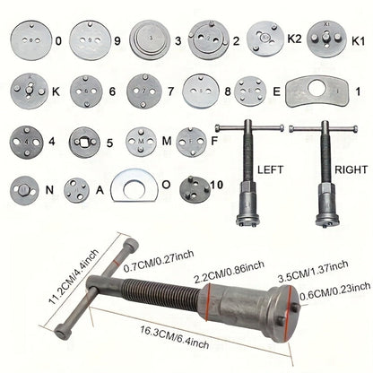 Brake Caliper Wind Back Tool Kit 26-Piece – Brake Caliper Compression Tool Set with 18 Disc Adapters, Thrust Bolt Assemblies