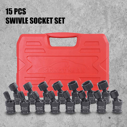 3/8-Inch Drive Impact Socket Set with 15-Piece Swivel or 17+1-Piece Accessory Kits in Red Cases
