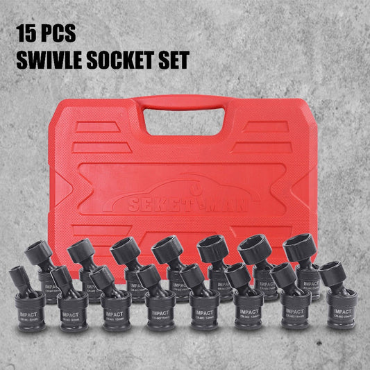 3/8-Inch Drive Impact Socket Set with 15-Piece Swivel or 17+1-Piece Accessory Kits in Red Cases