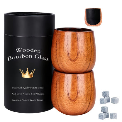 Charred Wooden Bourbon Whiskey Glass Set, 2 Jujube Wood Old Fashioned Tumbler Glasses & 8 Granite Whiskey Stones