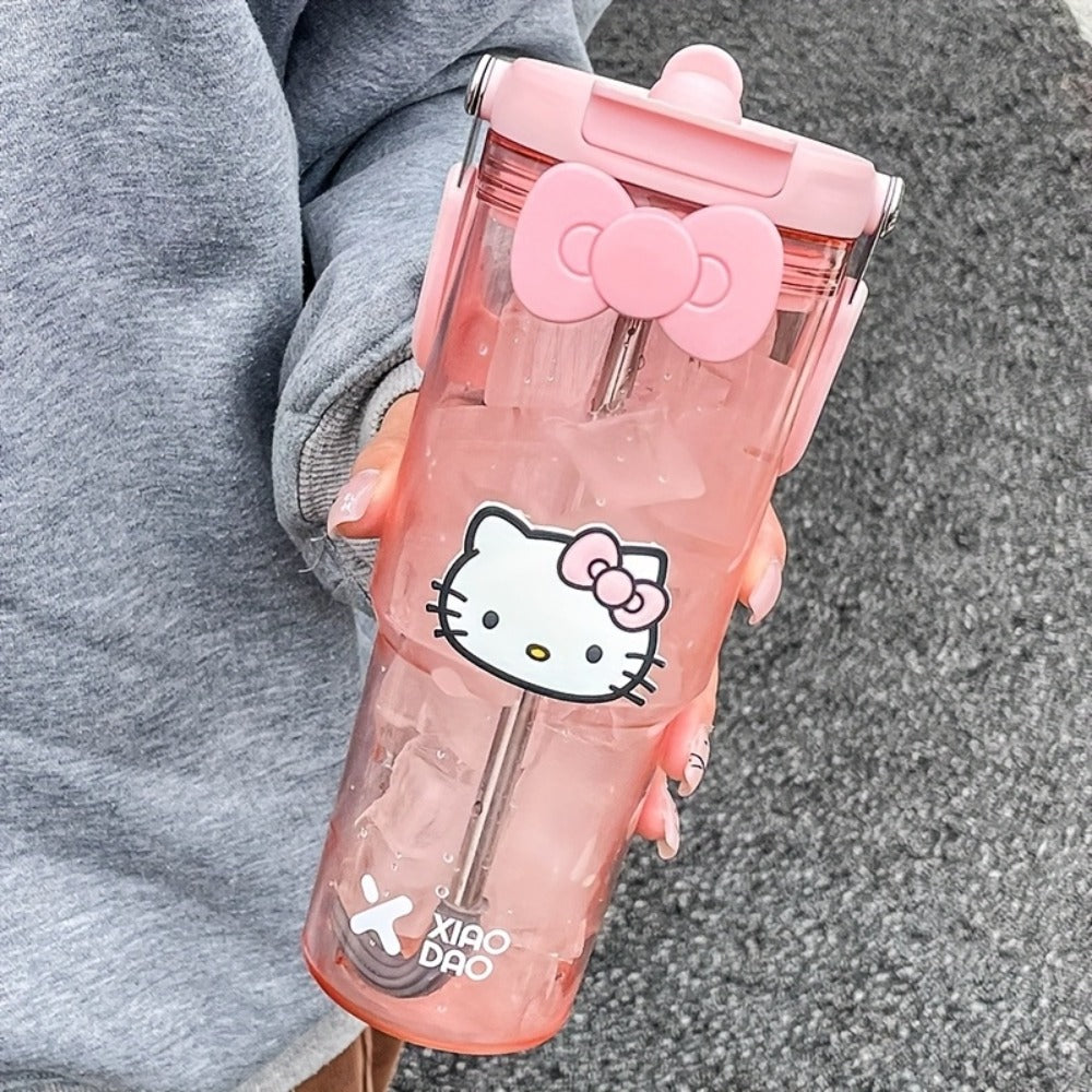 Hello Kitty Water Bottle with Straw 30 Oz, Large Cartoon Tumbler for Women & Girls, Portable Outdoor Sports Cup with Bow & Sticker