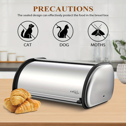 Stainless Steel Roll Top Bread Box 13 Inch - Countertop Bread Storage Container with Lid, Keeps Bread Fresh & Insect-Free