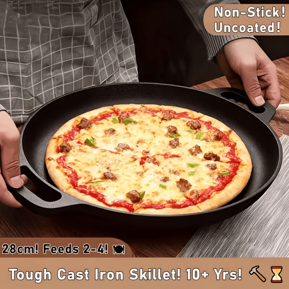 28cm Cast Iron Skillet with Dual Loop Handles and Broad Round Cooking Surface for Oven, Grill or Campfire Use