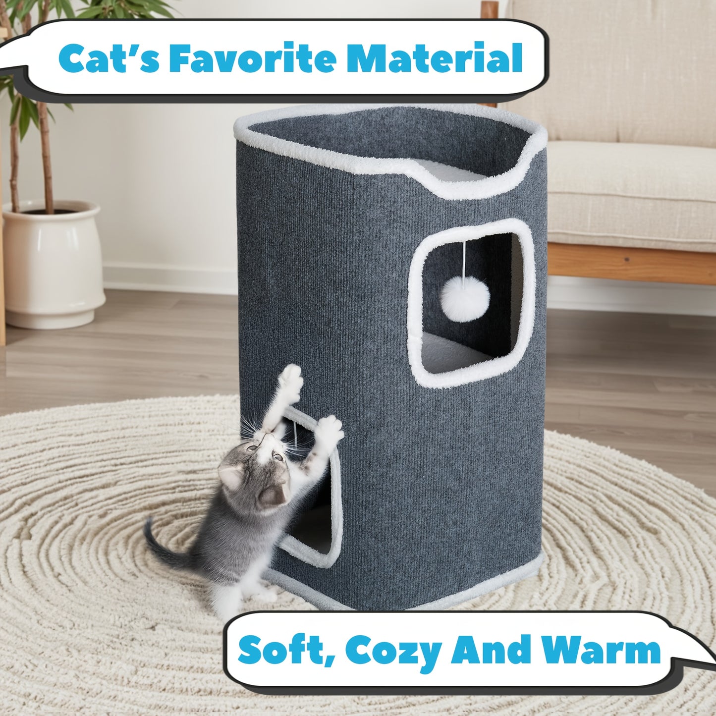Cat Tree Tower Multi-Level Foldable Cat Condo for Indoor Cats – Scratch-Resistant Carpet, Hanging Bell Ball, Cozy Top Bed