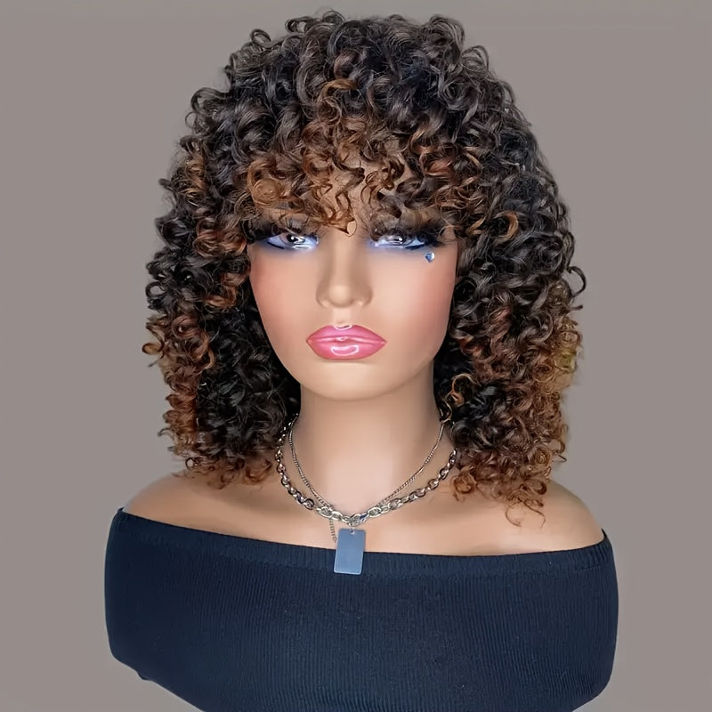 Synthetic Wig 14-Inch Deep-Wave Curly Bob with Bangs, Glueless Elastic-Band Cap for Daily Styling