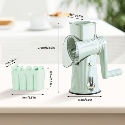 Rotary Cheese Grater with Interchangeable Blades, 5-in-1 Manual Vegetable Slicer Shredder Set, Suction Cup Base