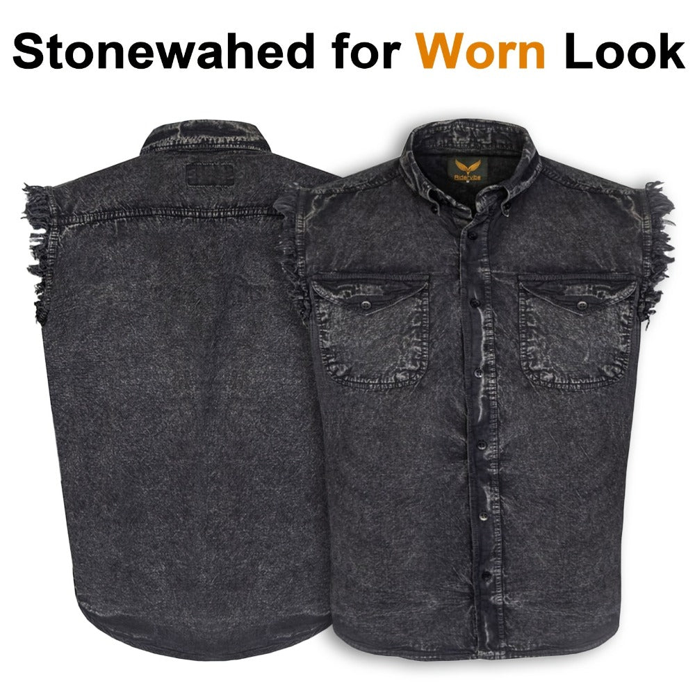 Men's Sleeveless Shirt – Fringe Hem Crew Neck Tank Top, Stonewash Cotton, Regular Fit for Streetwear, Beach & Vacation, Sizes M–XXXXL