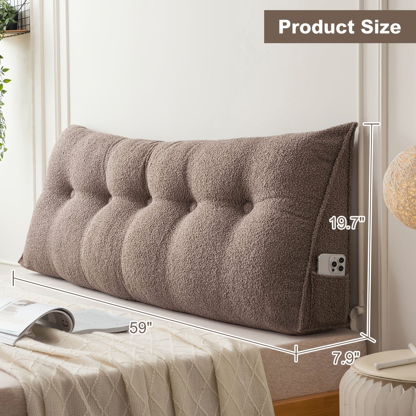 Bed Wedge Pillow Headboard Pillow with Side Pockets Removable Cover Teddy Velvet Reading Pillow Twin Queen King