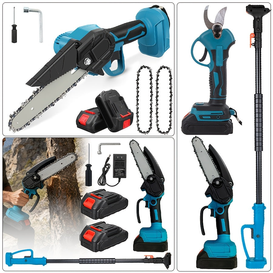 Pole Saw Set with Electric Chainsaw, 6-Inch Cordless Pruner, Long-Handle Scissor Kit, Safety Lock for Tree Pruning & Landscaping