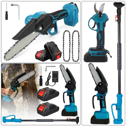 Pole Saw Set with Electric Chainsaw, 6-Inch Cordless Pruner, Long-Handle Scissor Kit, Safety Lock for Tree Pruning & Landscaping