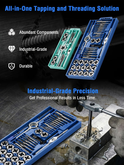 Tap and Die Set Metric, 12-Piece & 40-Piece M3-M12 Thread Plug Straight Taper with Pitch Calipers & Wrench