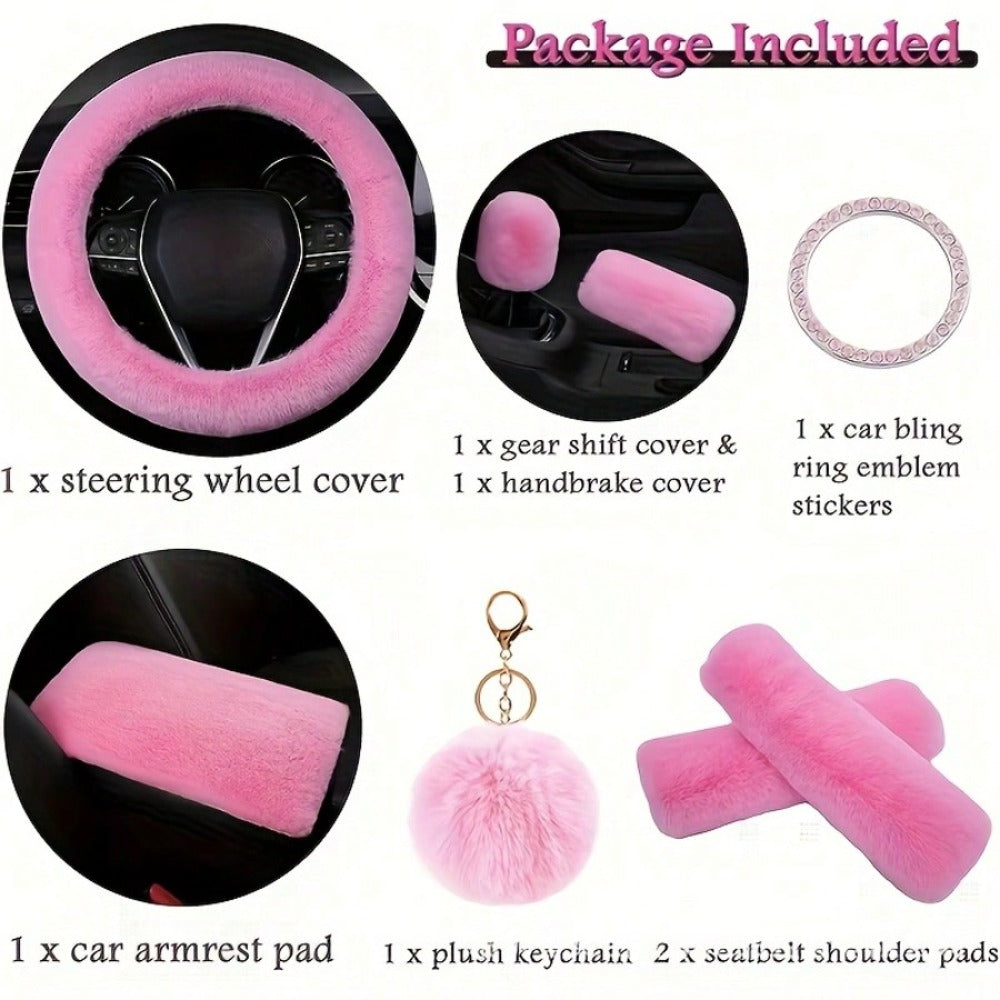 Plush Fluffy Steering Wheel Cover – Rex Rabbit Fur Texture, Universal Fit, 12 Colors (Black, Pink, Purple, Red & More)