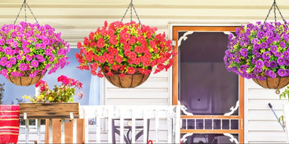 Artificial Flowers Hanging Petunia Arrangement with Included Planter Container and Six Color Options
