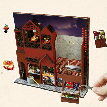 Book Nook Kit Chinese Food Street Miniature Dollhouse 3D Wooden Puzzle Bookshelf Insert DIY Model Building Set for Adults Teens