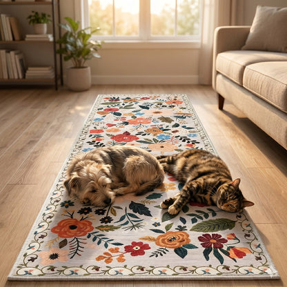 Area Rug for Bedroom, Bohemian Floral Plush Runner with Four Machine-Washable Sizes for Bedroom or Kitchen