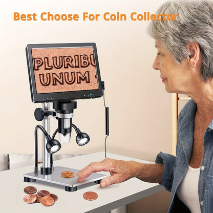 DM9 7-Inch Digital Microscope with Eight Lens LEDs, Two Side Lights and Tilting Screen for Coin and PCB Inspection