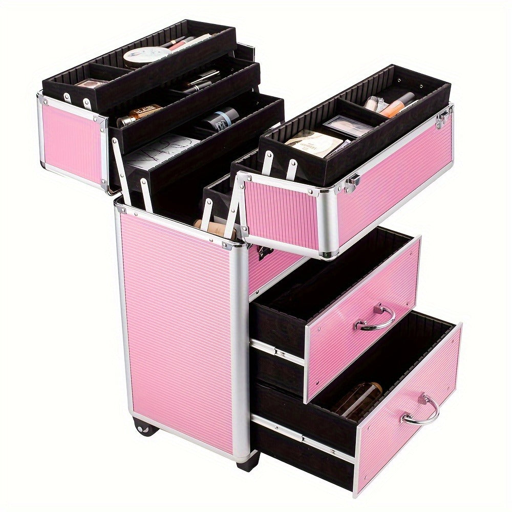 Lockable Aluminum Makeup Train Case with Extendable Trays Multi-Tier Professional Cosmetic Organizer – Portable Salon Travel Beauty Case