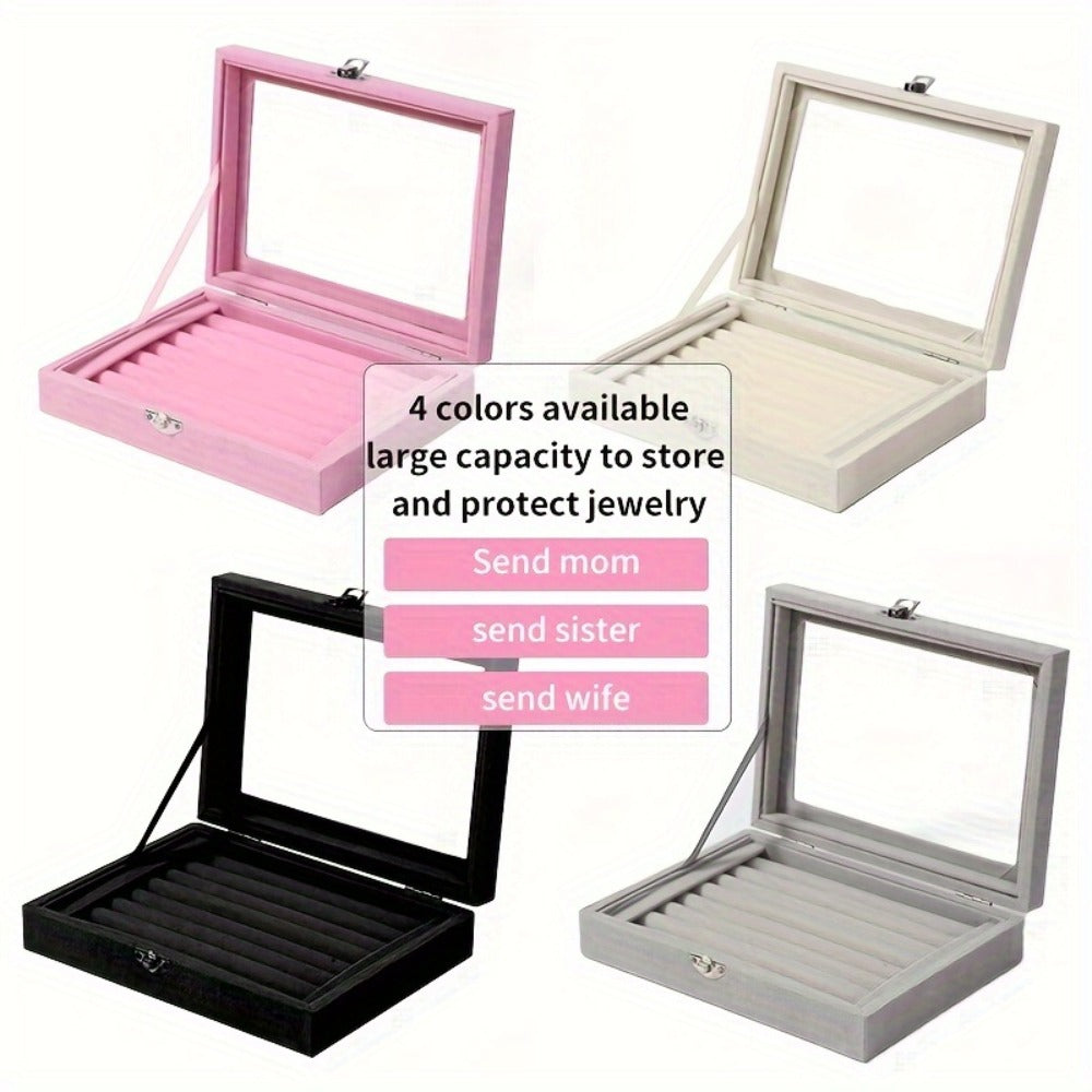 Jewelry Box with Locking Lid – 49-Ring Capacity Glass-Like Plastic Ring & Earring Organizer, Large Rectangular Storage Case
